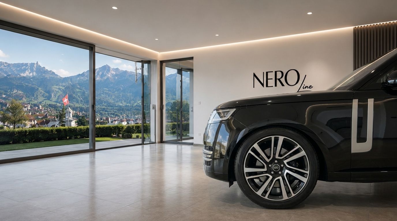 The black Range Rover LWB is showcased in a modern showroom, with a panoramic view of mountains and Zurich's landscape.