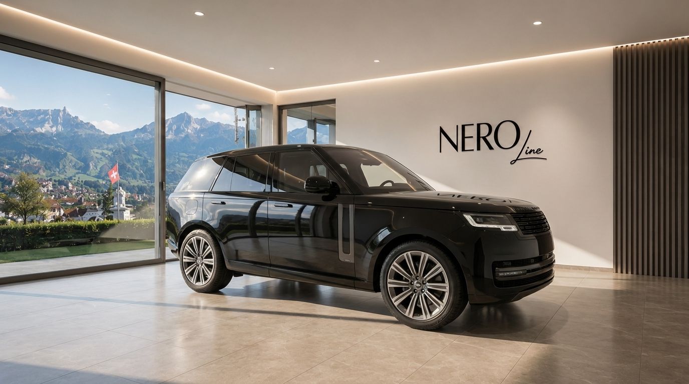 A black Range Rover LWB is parked in a modern showroom with a stunning mountain view and a Swiss flag outside in Zurich.