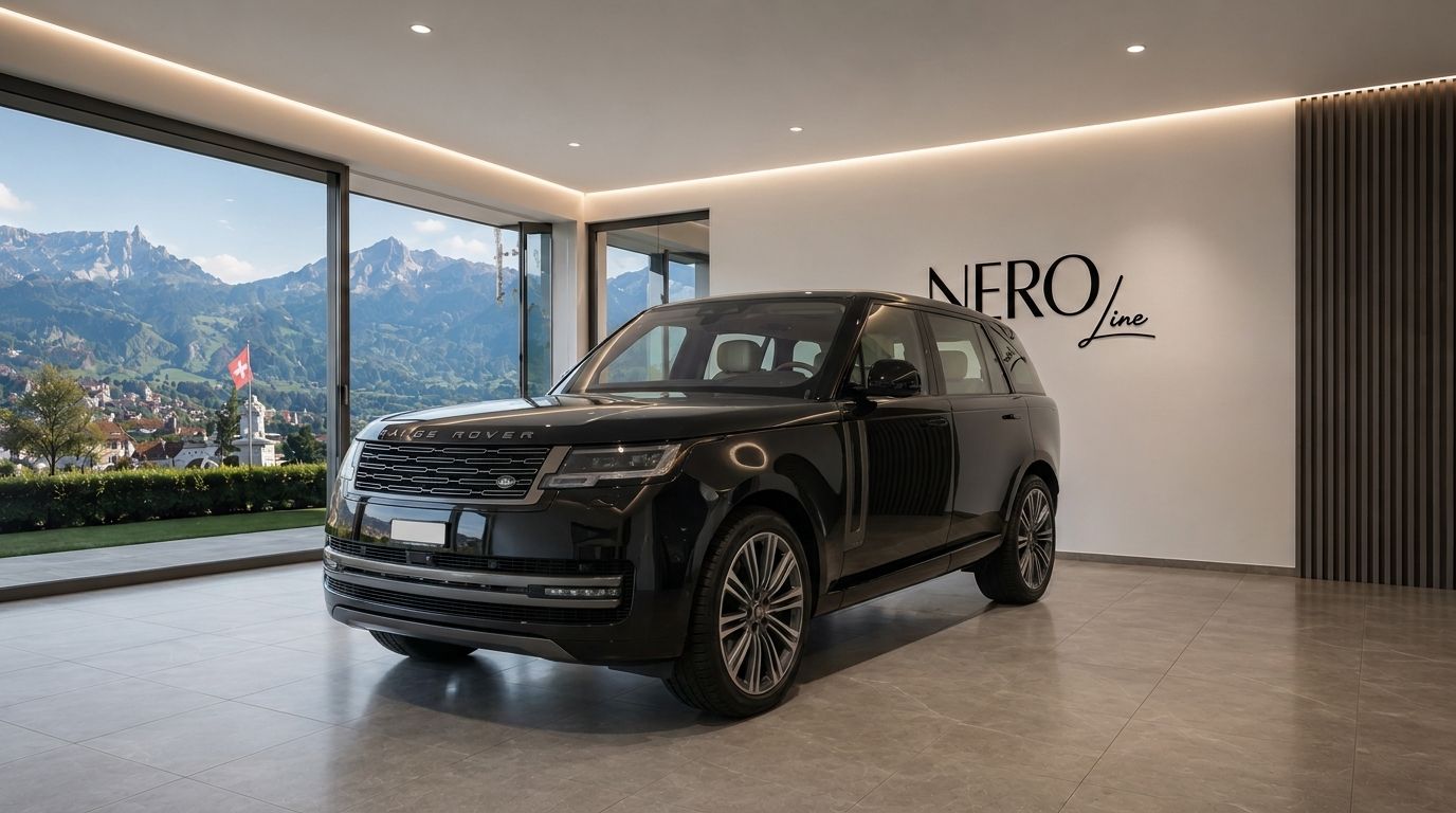 A black Range Rover LWB is parked in a modern showroom, with large windows revealing the mountains and a town in Zurich, Switzerland.