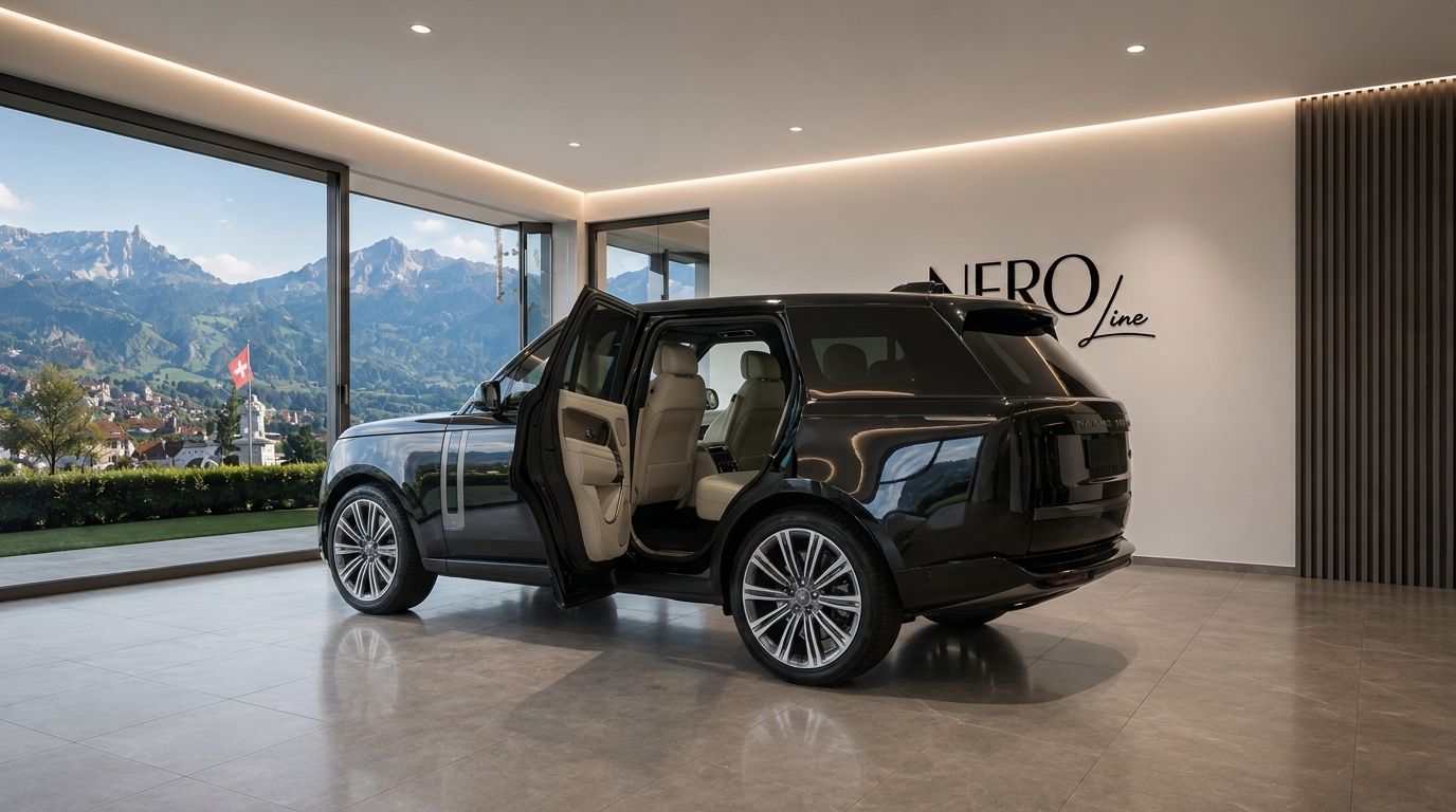 The black Range Rover LWB with open rear doors and beige interior is displayed in a Zurich showroom, overlooking scenic mountains.