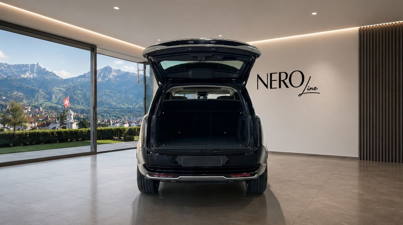 The black Range Rover LWB is seen from the rear with its tailgate open, revealing the spacious trunk inside a showroom overlooking mountainous Zurich.