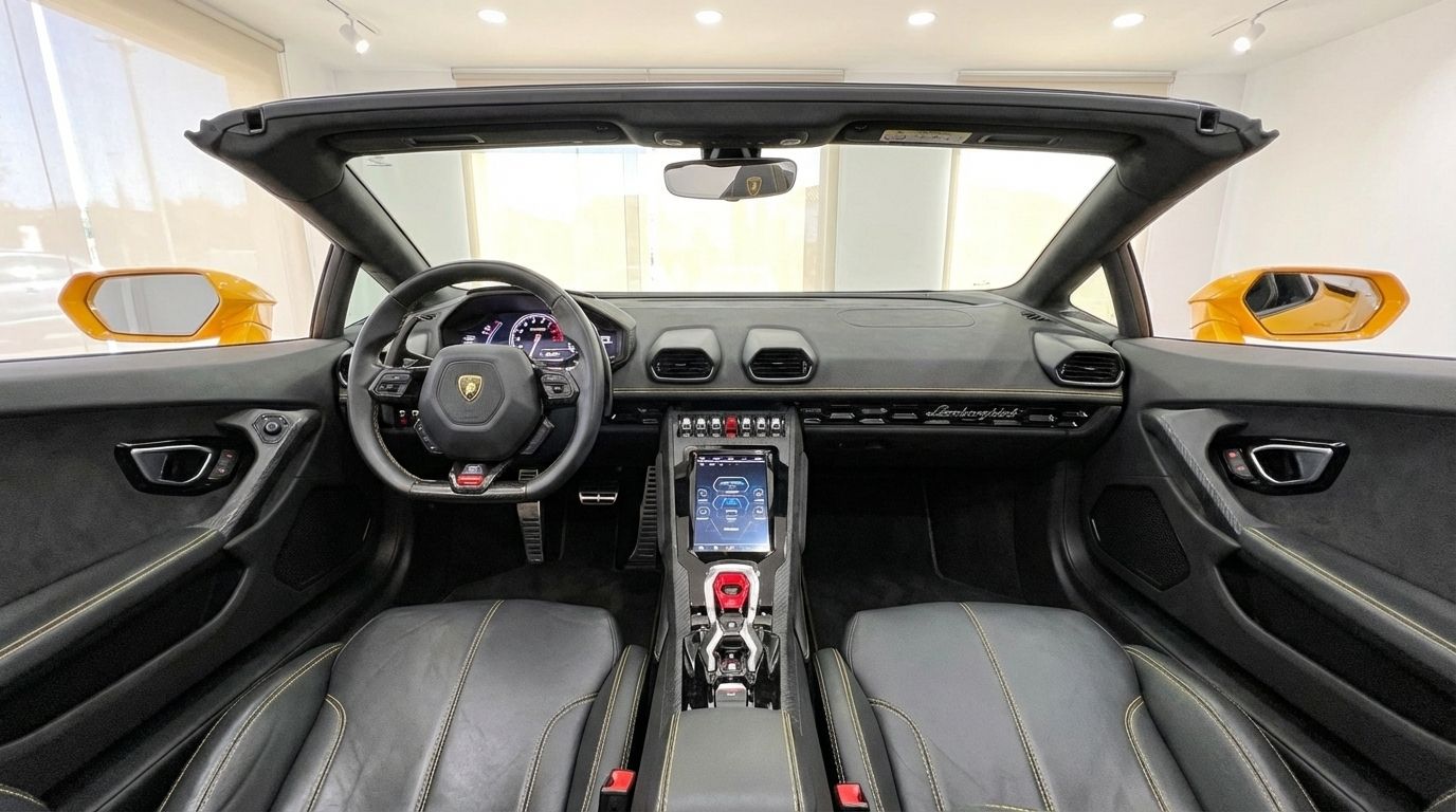 El habitáculo interior del Lamborghini Huracan EVO Spyder 2024 en Madrid, mostrando su salpicadero, volante y techo abierto.