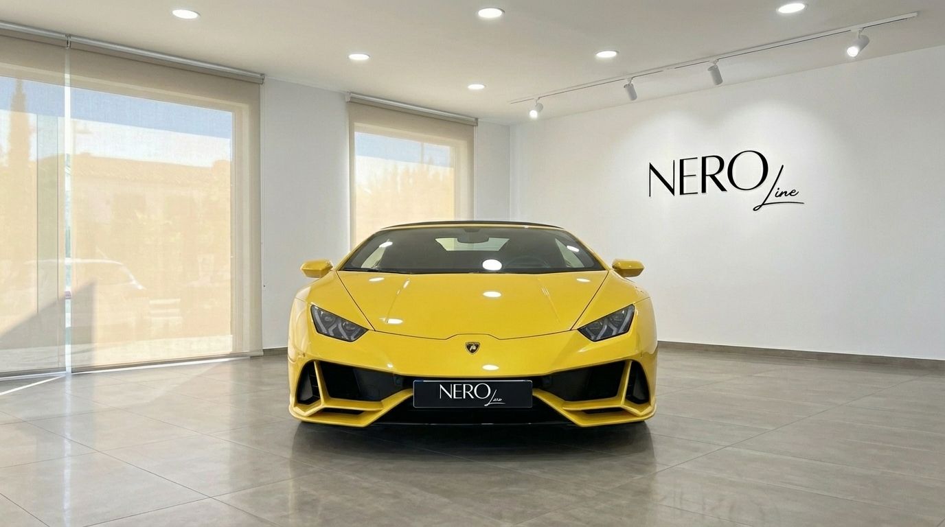 El Lamborghini Huracan EVO Spyder amarillo de 2024 se exhibe de frente en un luminoso concesionario en Madrid.