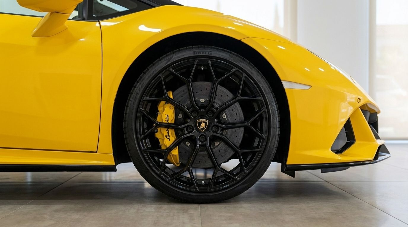 Rueda delantera del Lamborghini Huracan EVO Spyder amarillo con llanta negra multirradio y pinza de freno amarilla en Madrid.