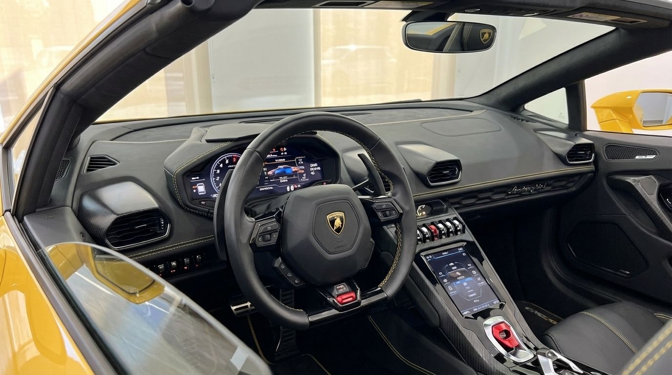 El lujoso habitáculo interior negro y amarillo del Lamborghini Huracan EVO Spyder 2024 en Madrid, mostrando el volante, salpicadero y consola central.