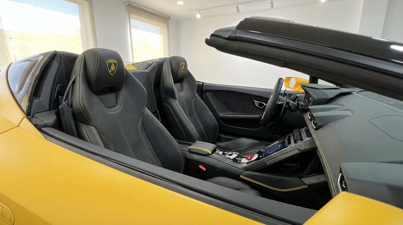 El lujoso interior del Lamborghini Huracan EVO Spyder amarillo en Madrid, con asientos de cuero negro con costuras amarillas y el salpicadero.