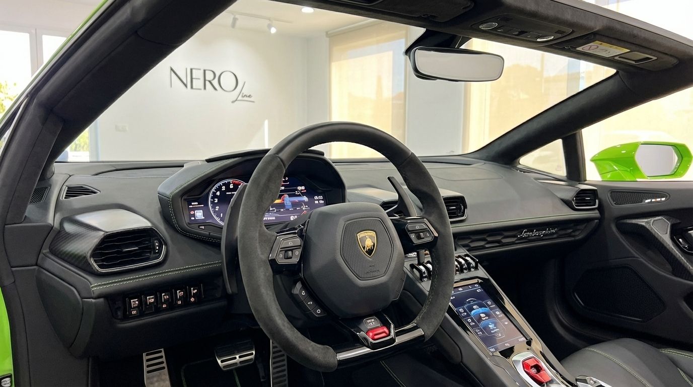 The luxurious interior of the Lamborghini Huracan Evo Spyder, featuring its distinctive steering wheel and digital dashboard in Marbella.