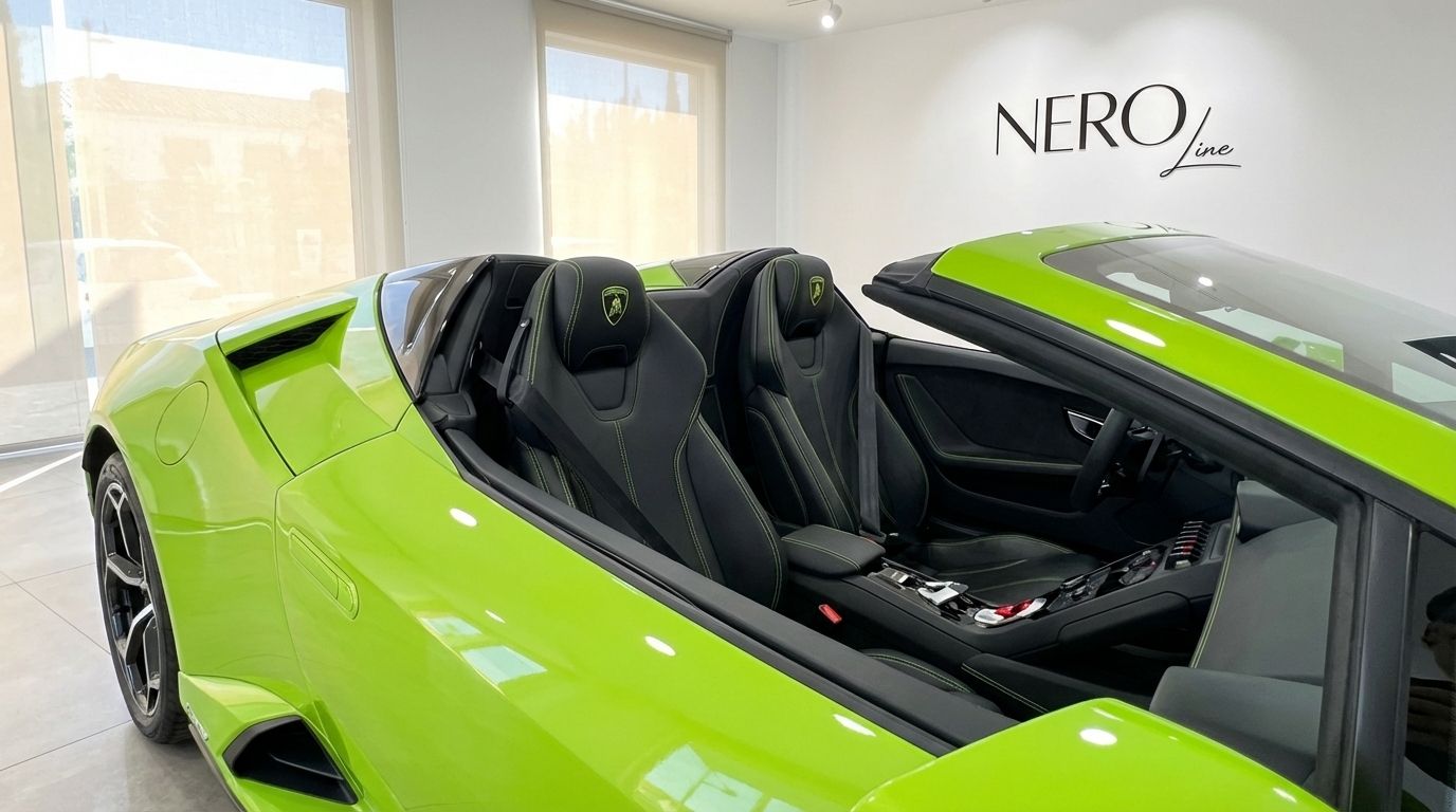 The lime green Lamborghini Huracan Evo Spyder's black leather interior with green stitching and cockpit in Marbella.