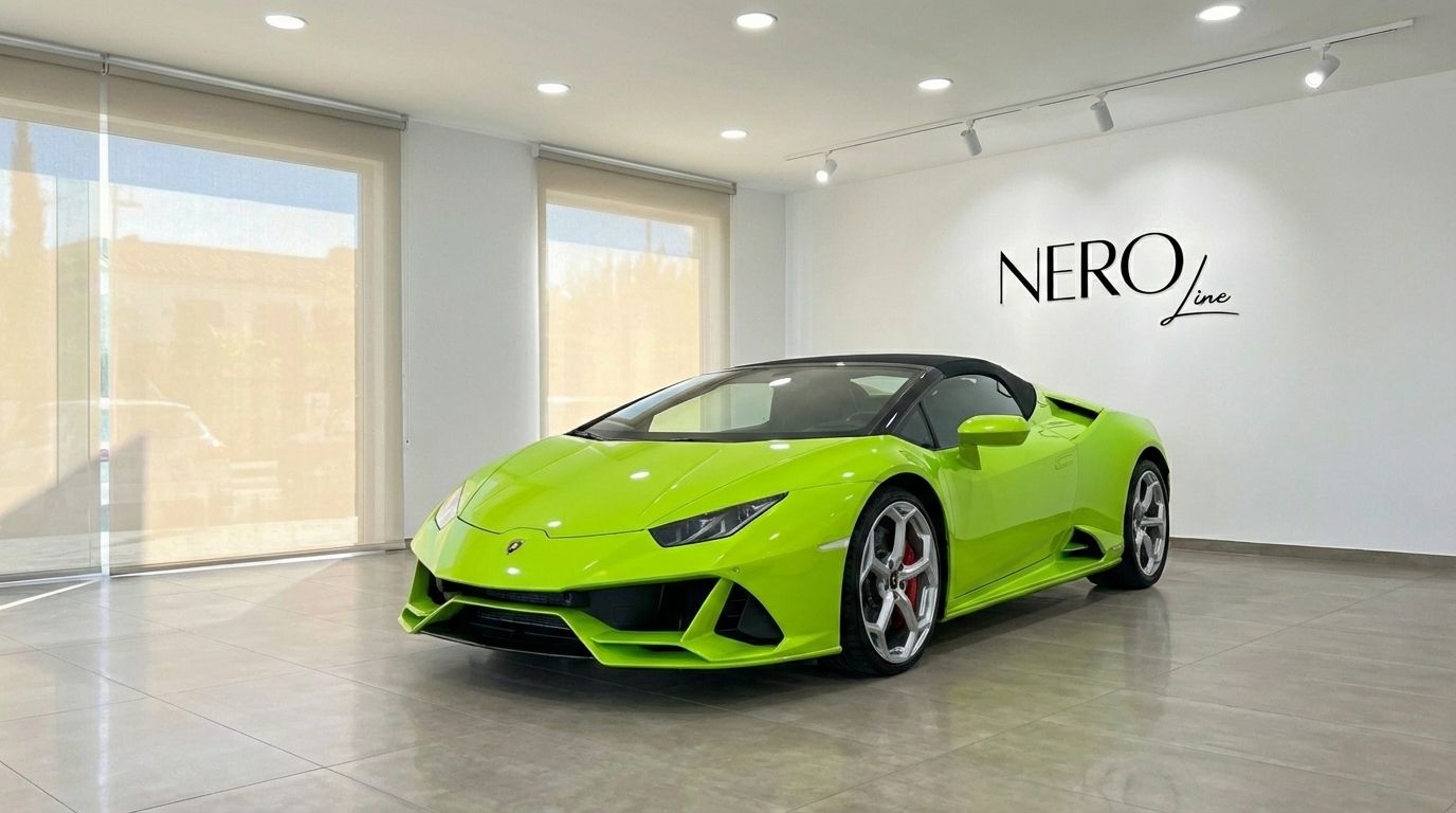 The lime green Lamborghini Huracan Evo Spyder is showcased from a front-three-quarter angle in a Marbella showroom.