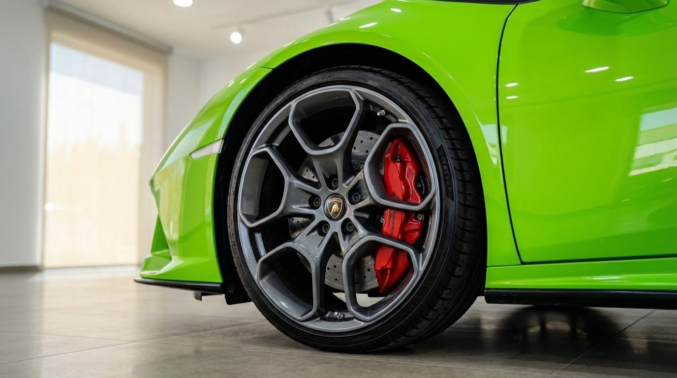 The Lamborghini Huracan Evo Spyder in Marbella showcases its distinctive front wheel with red calipers and lime green body.