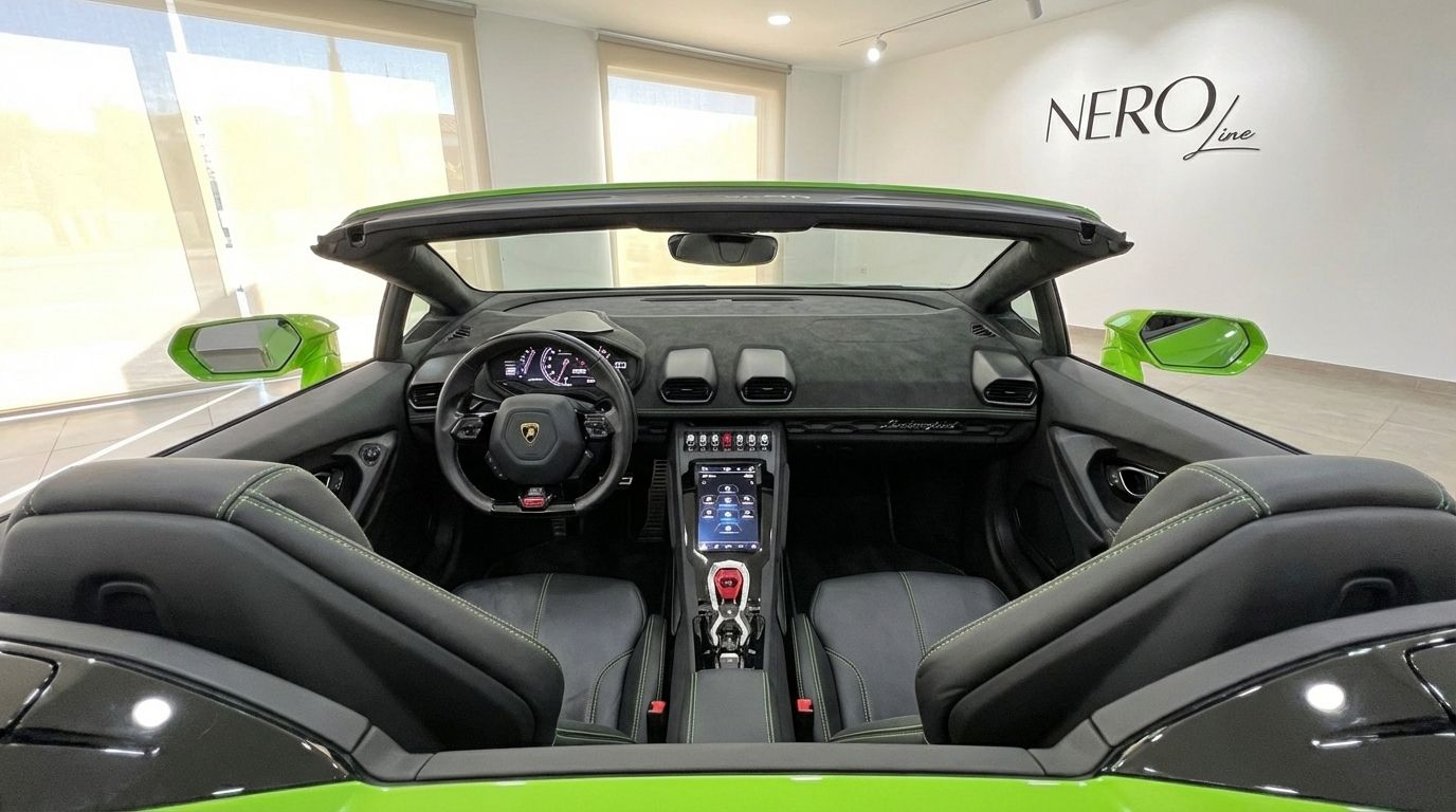 The luxurious interior cockpit of the lime green Lamborghini Huracan Evo Spyder convertible, featuring its dashboard and seats, available in Marbella.