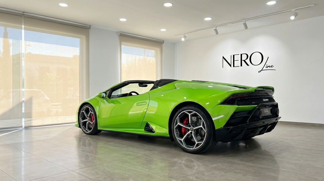 The lime green Lamborghini Huracan Evo Spyder is showcased from a rear three-quarter angle in a Marbella showroom.