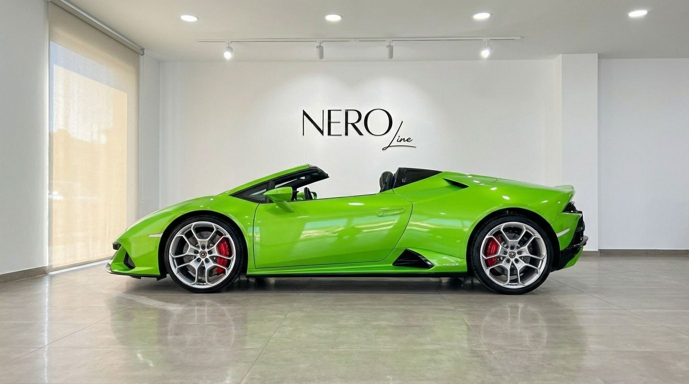 The lime green Lamborghini Huracan Evo Spyder convertible is showcased from its side profile in a modern Marbella showroom.