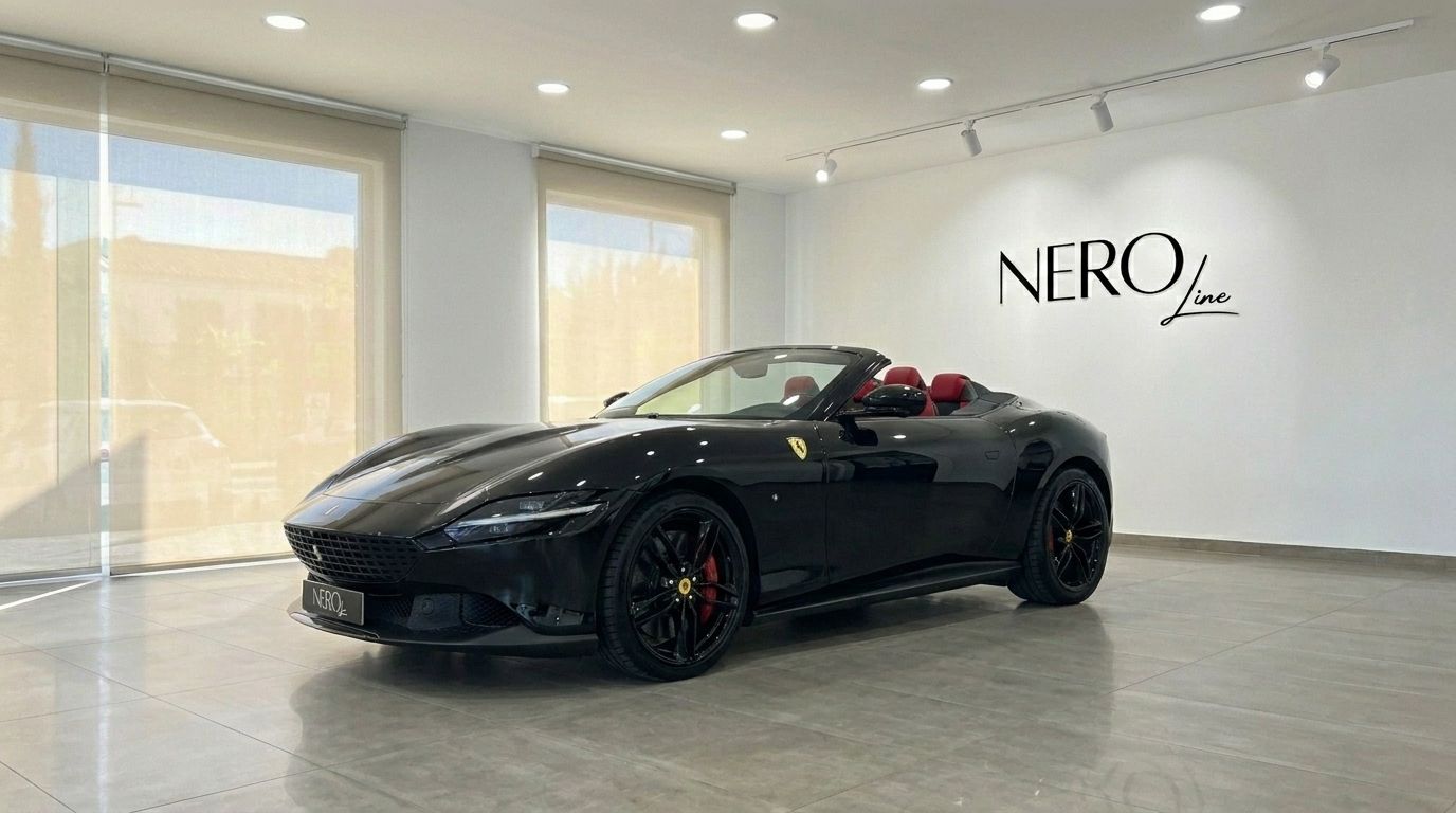 La Ferrari Roma Spider Black 2025, con capote abbassata e interni rossi, è esposta in uno showroom a Madrid.