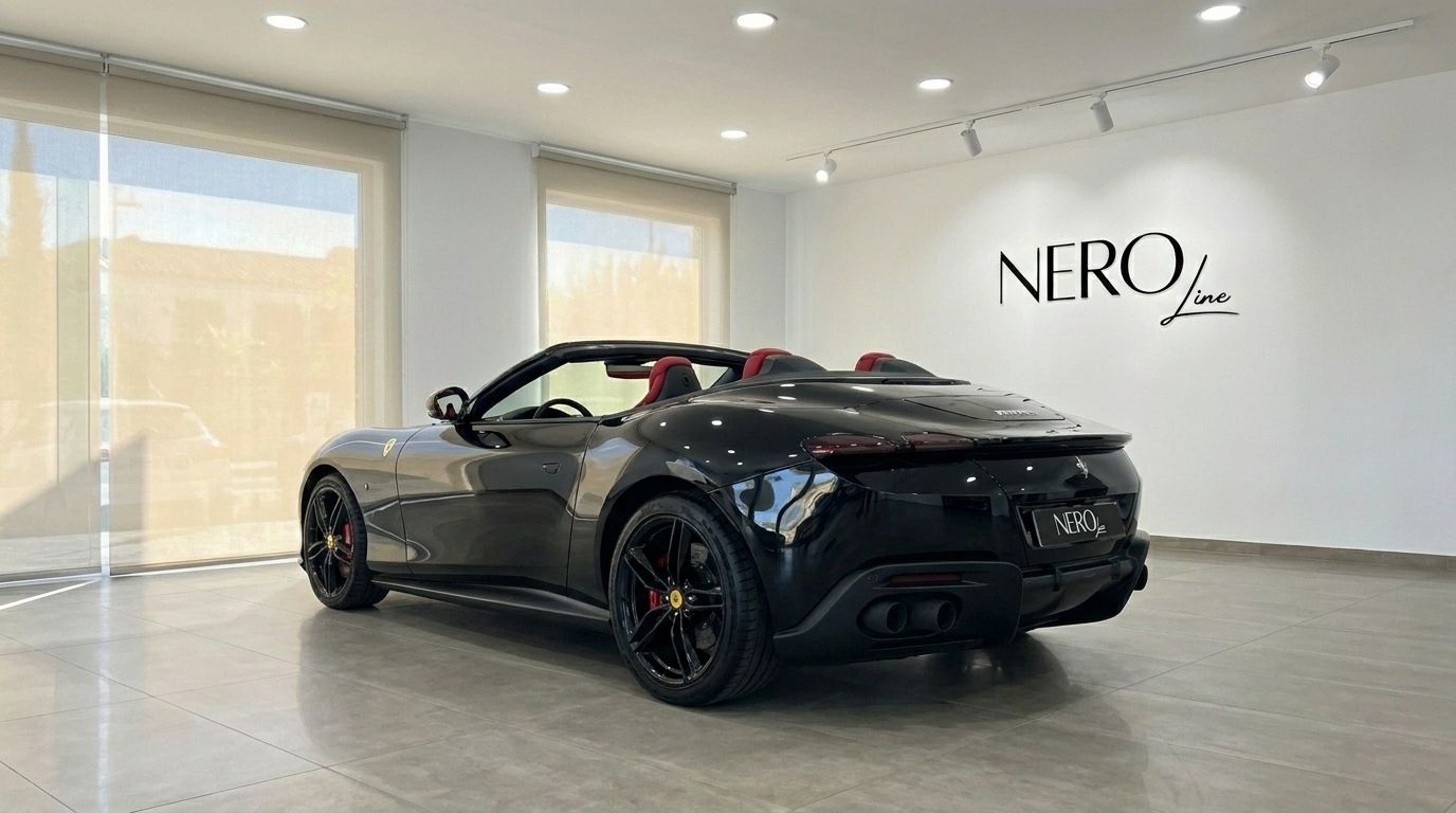 La Ferrari Roma Spider Black 2025, decappottabile con interni rossi, è vista da tre quarti posteriori in uno showroom a Madrid.