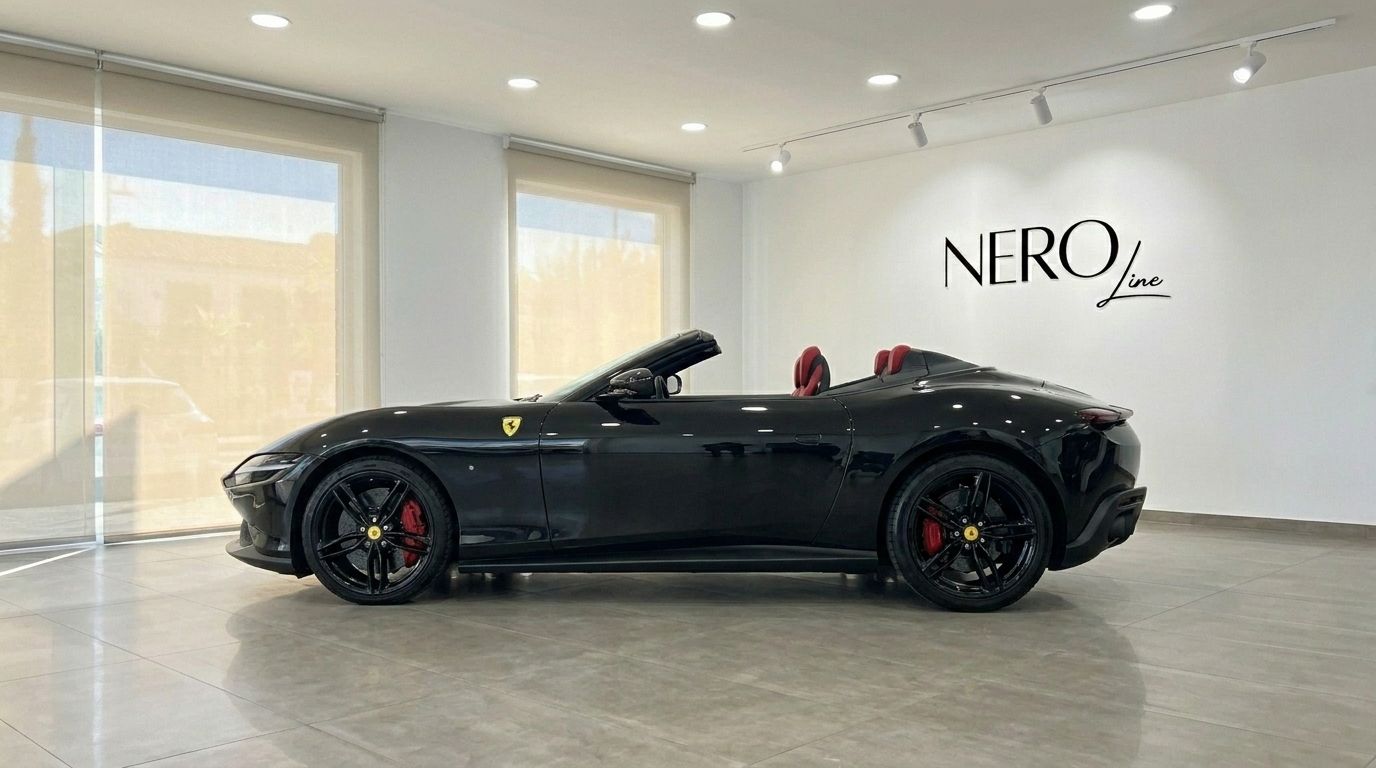La Ferrari Roma Spider nera 2025, con capote abbassata e interni rossi, è esposta di profilo in uno showroom a Madrid.