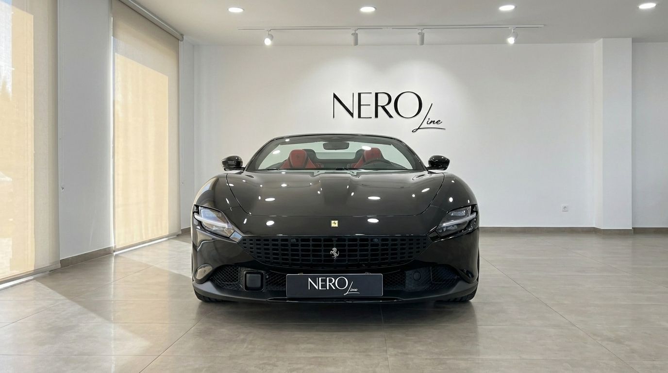 Vista frontale della Ferrari Roma Spider nera 2025 con interni rossi, parcheggiata in uno showroom a Madrid.