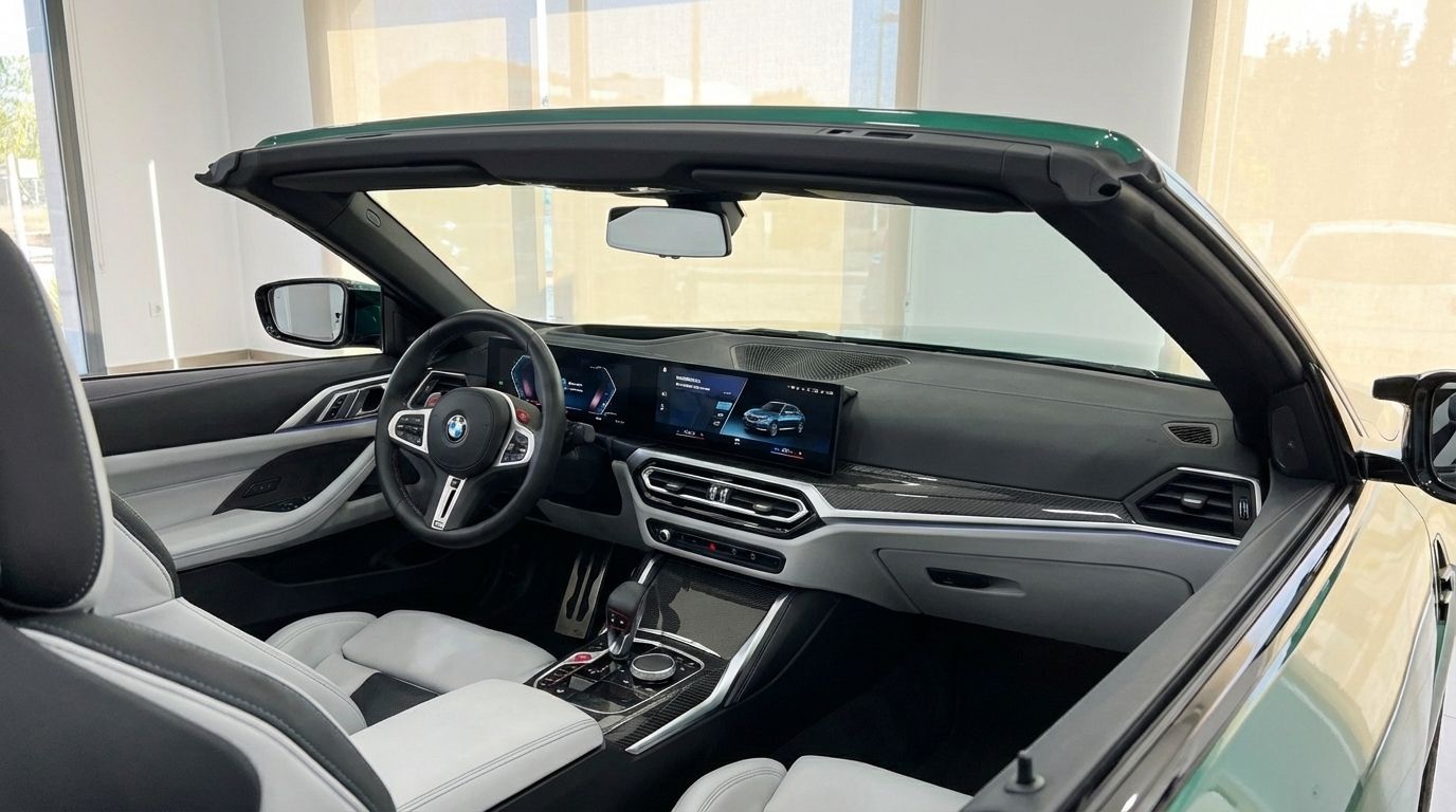 The interior of the emerald green BMW M4 Competition Convertible in Alicante, featuring the steering wheel, modern dual screens, and luxurious white leather seats.