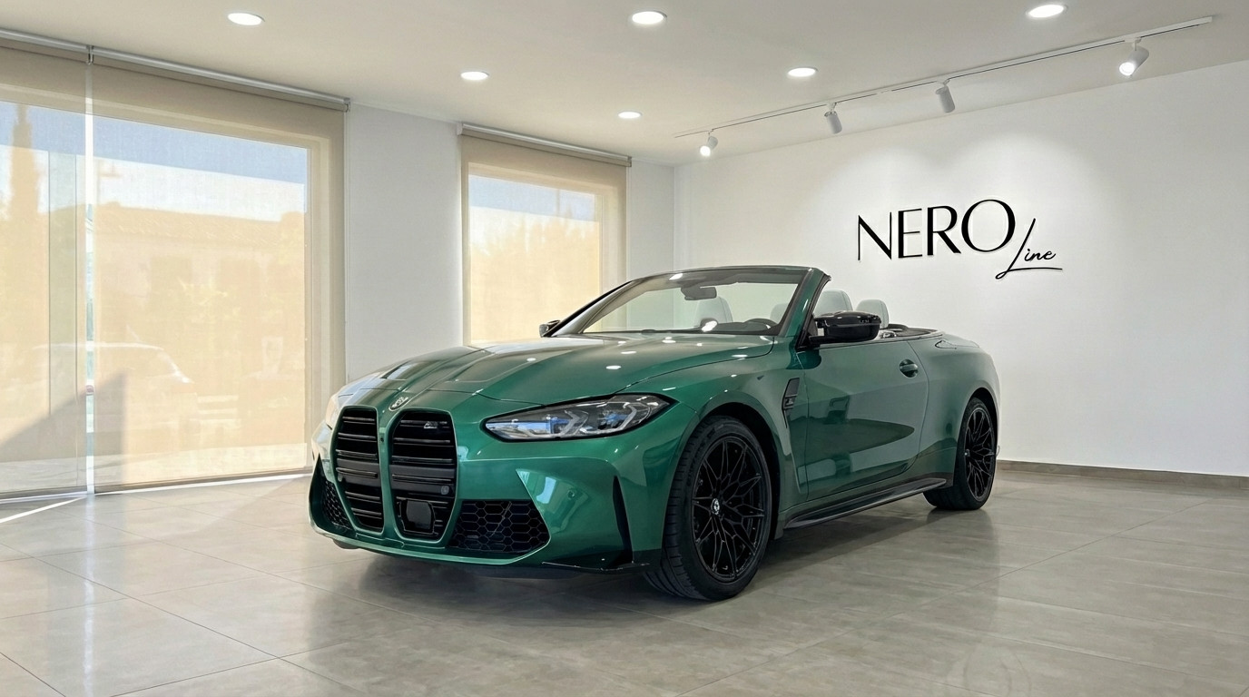 BMW M4 Competition Convertible — Showroom view The emerald green BMW M4 Competition Convertible is showcased in a showroom with its top down, highlighting its sleek design in Alicante.