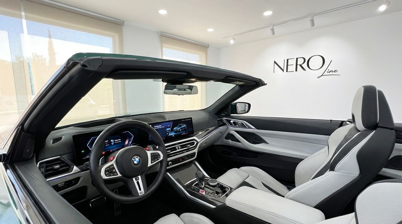 The interior cockpit of the 2025 BMW M4 Competition Convertible in Alicante, featuring a modern dashboard, steering wheel, and white and black leather seats with the roof down.