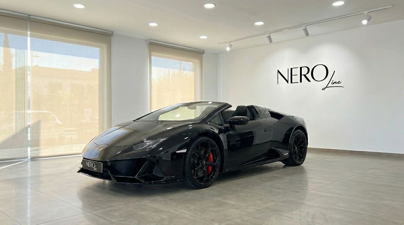 A black Lamborghini Huracan Evo Spyder convertible is parked in a modern showroom in Alicante, viewed from the front three-quarter.