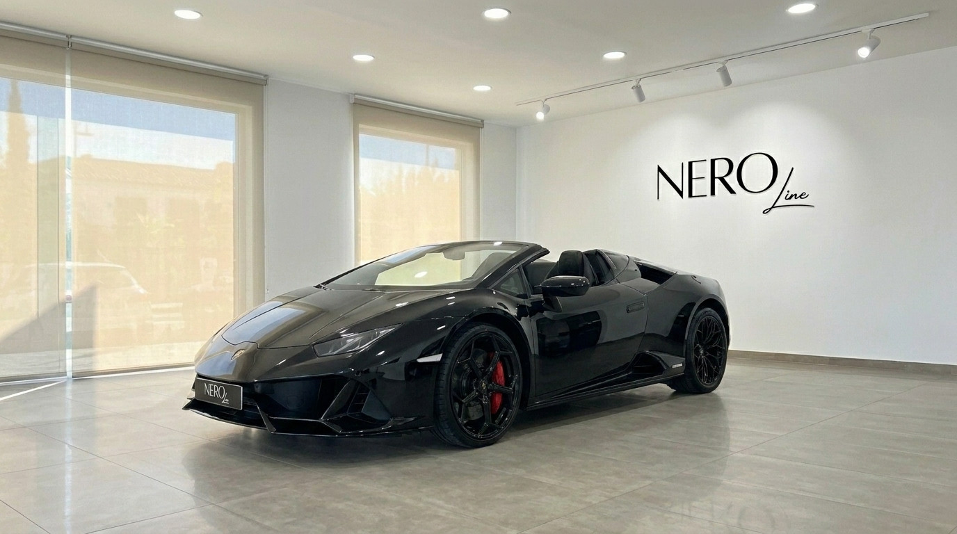 Lamborghini Huracan Evo Spyder — Showroom view A black Lamborghini Huracan Evo Spyder convertible is parked in a modern showroom in Alicante, viewed from the front three-quarter.