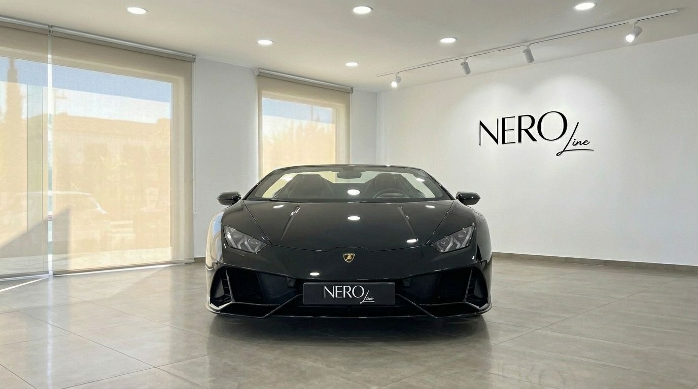 A black Lamborghini Huracan Evo Spyder is parked front-on in a bright showroom with the NEROline logo on the wall in Alicante.