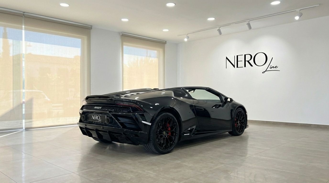 The black 2023 Lamborghini Huracan Evo Spyder is seen from the rear three-quarter angle in a showroom in Alicante.