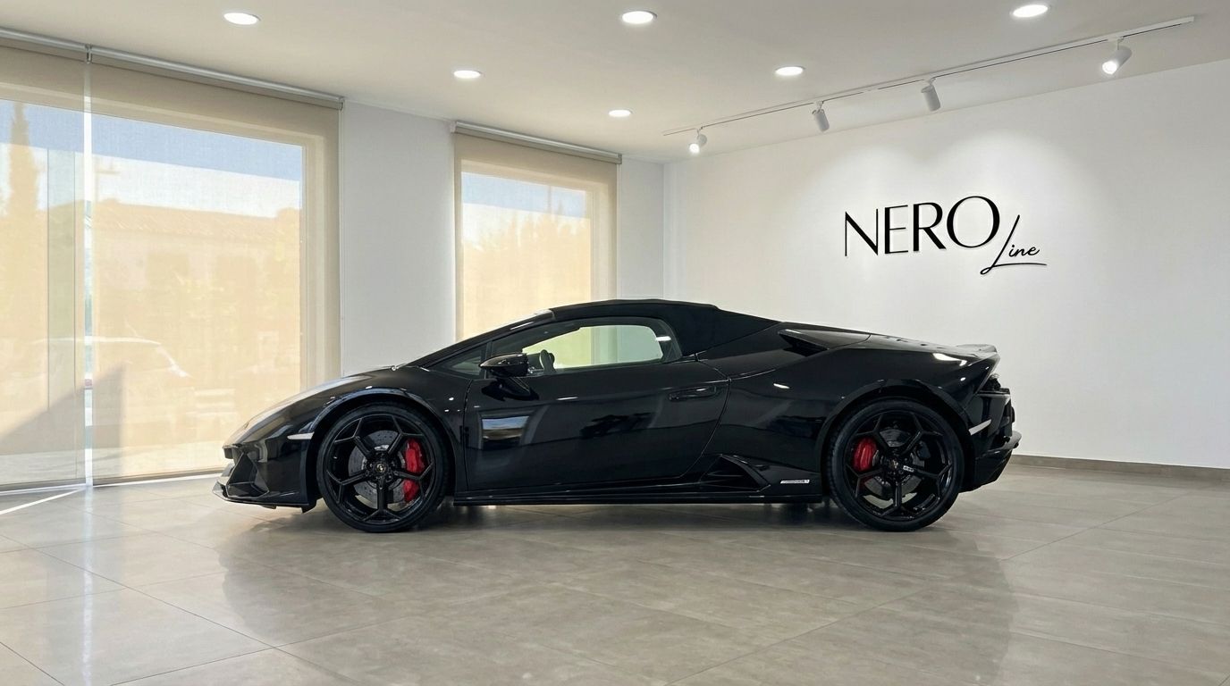 The black 2023 Lamborghini Huracan Evo Spyder is showcased from its side profile in a showroom in Alicante.