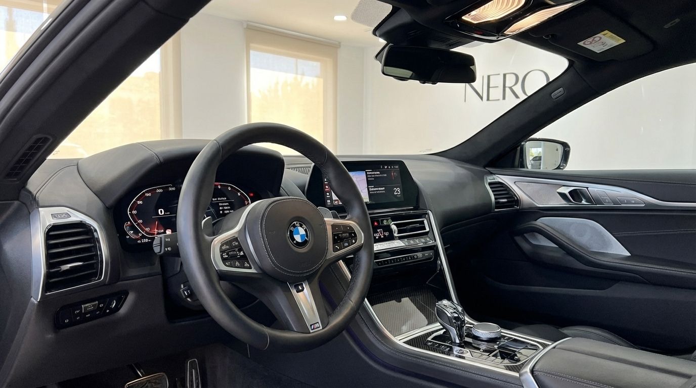 The luxurious cockpit of the 2022 BMW M850i Grandcoupe in Barcelona, showcasing the steering wheel and dashboard.