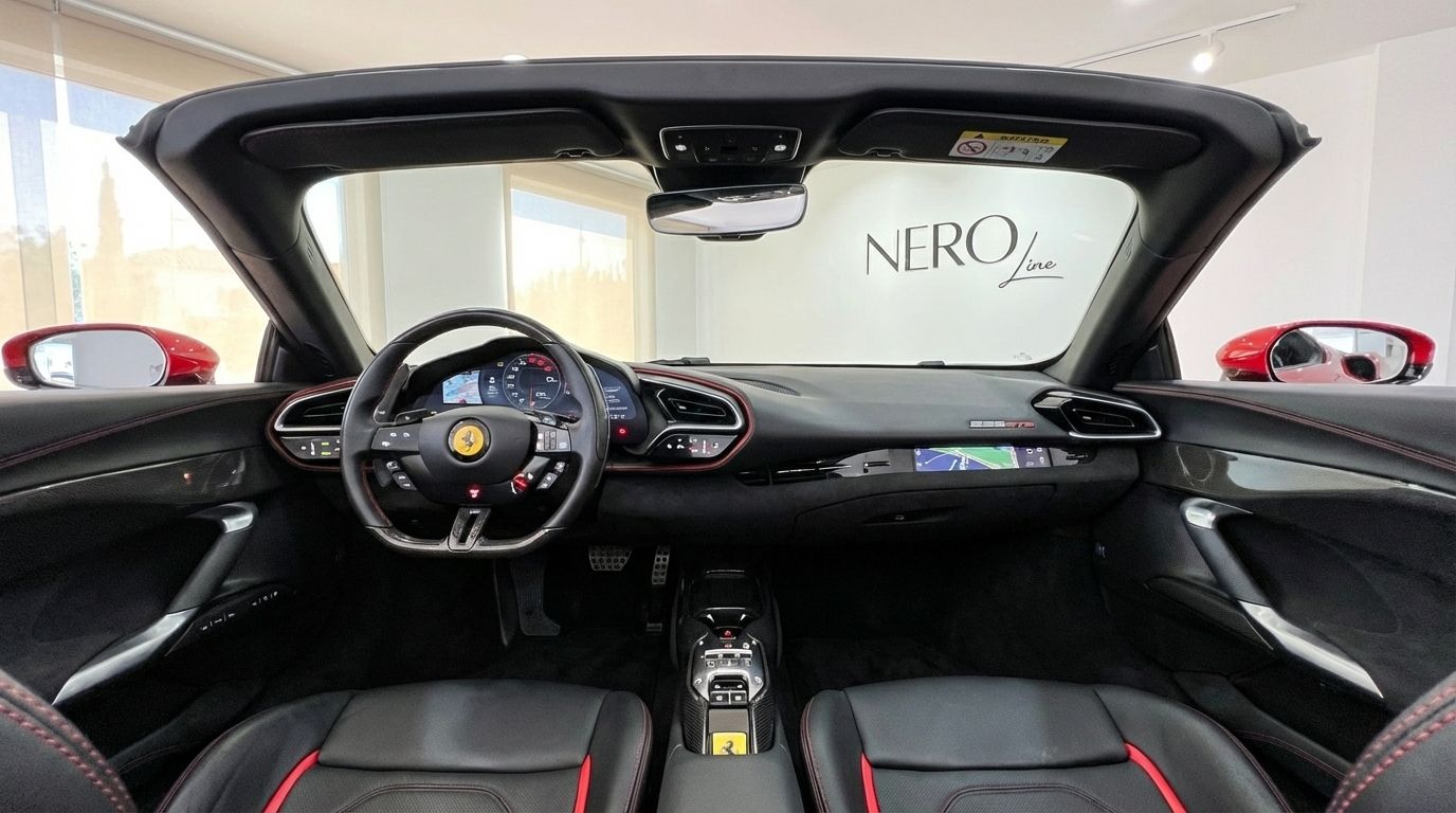 El lujoso interior del Ferrari 296 GTS 2024 en Madrid, mostrando su avanzado habitáculo con volante y salpicadero.