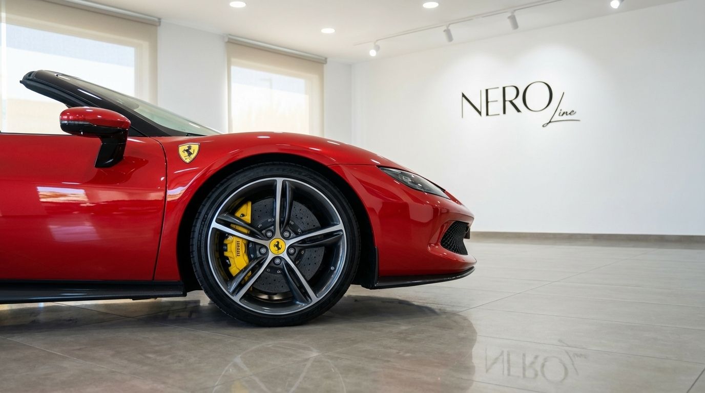 Ferrari 296 GTS descapotable rojo de carreras, mostrando su rueda delantera con pinzas amarillas y perfil lateral en un showroom de Madrid.