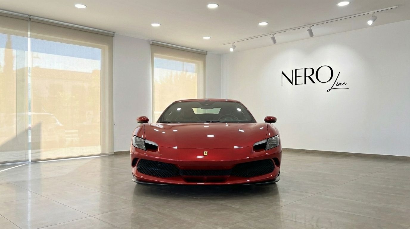 El Ferrari 296 GTS 2024 rojo de carreras se exhibe de frente en un moderno showroom en Madrid, destacando su elegante diseño frontal.