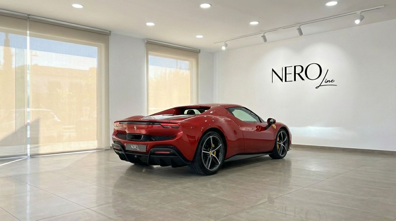 Un elegante Ferrari 296 GTS descapotable rojo de carreras está aparcado en ángulo trasero tres cuartos en un luminoso showroom en Madrid.