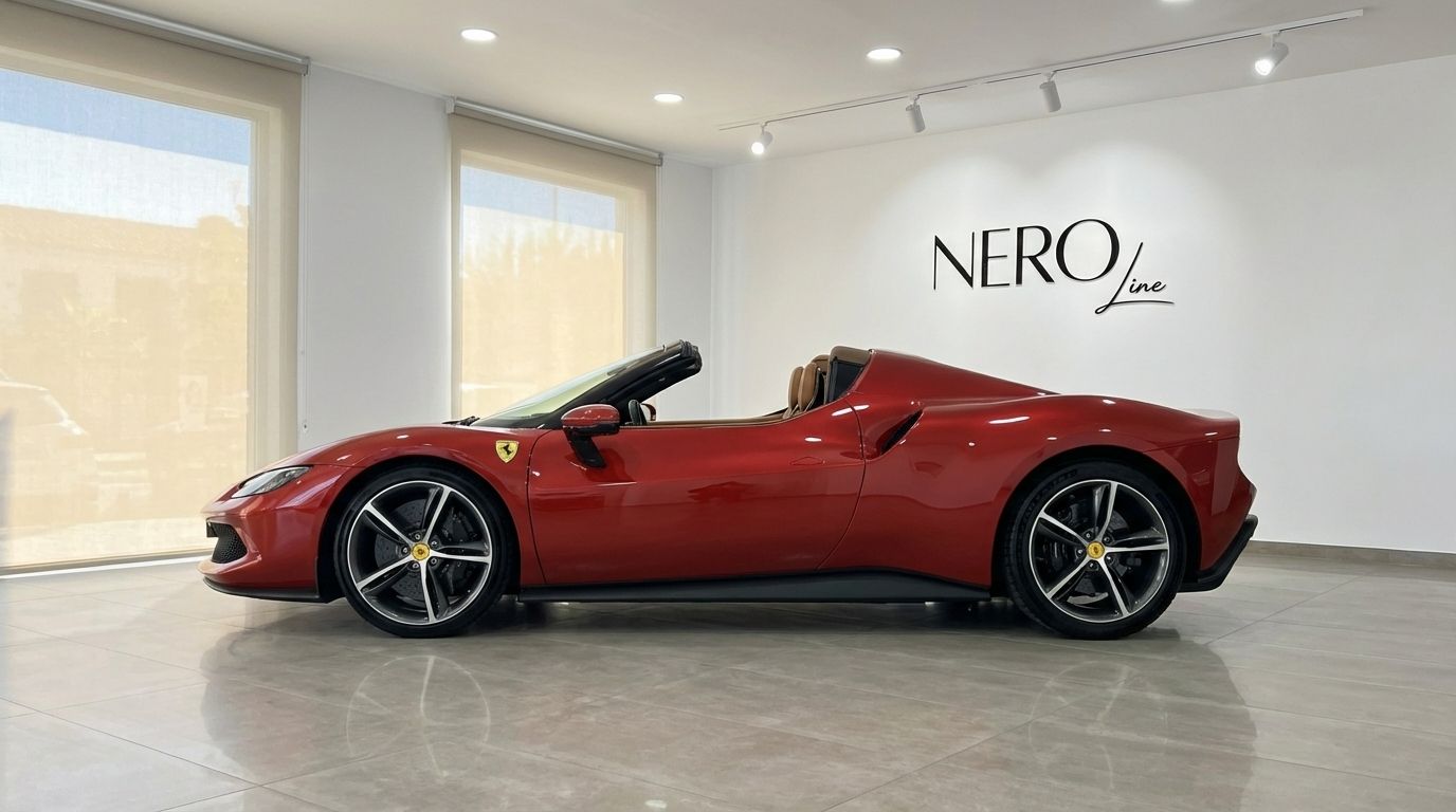 El Ferrari 296 GTS convertible rojo de carreras de 2024 se exhibe de perfil con la capota bajada en un showroom de Madrid.