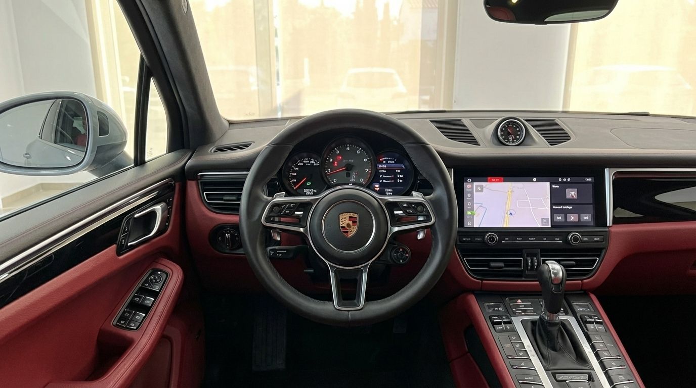 The luxurious interior of the Porsche Macan S in Alicante, featuring a red leather dashboard, steering wheel, and infotainment screen.