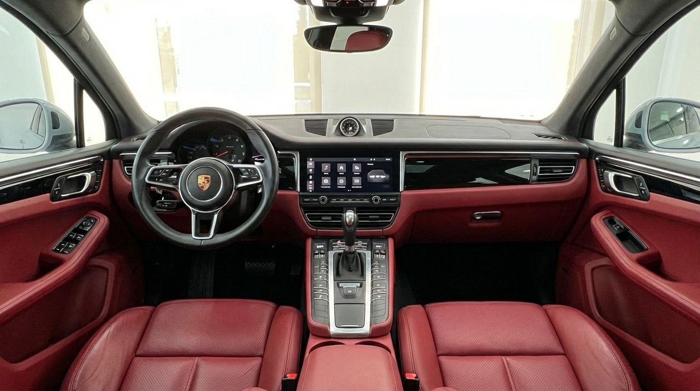 Porsche Macan S interior in Alicante, featuring the red leather seats, dashboard, and infotainment system.