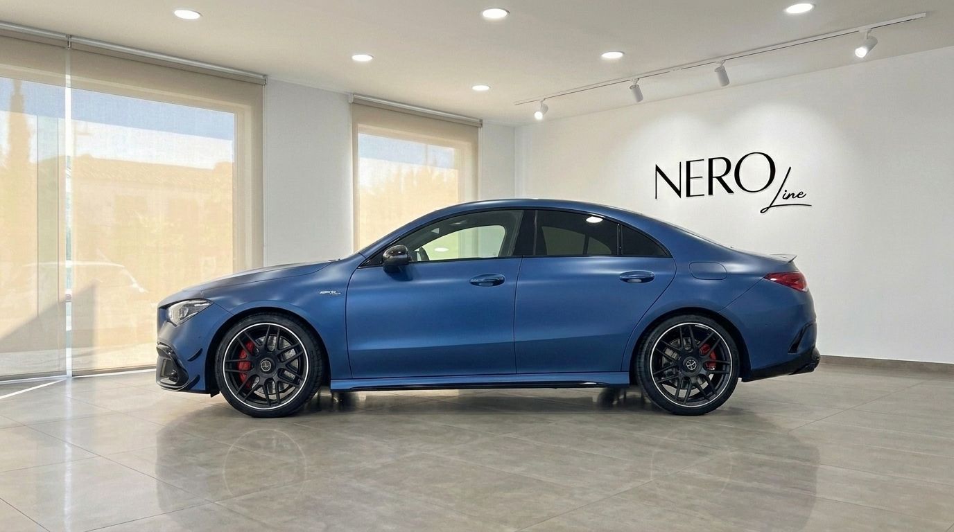 무광 블루 메르세데스-벤츠 CLA 45s AMG가 알리칸테 실내에 주차된 채 세련된 측면 모습으로 전시되어 있습니다.