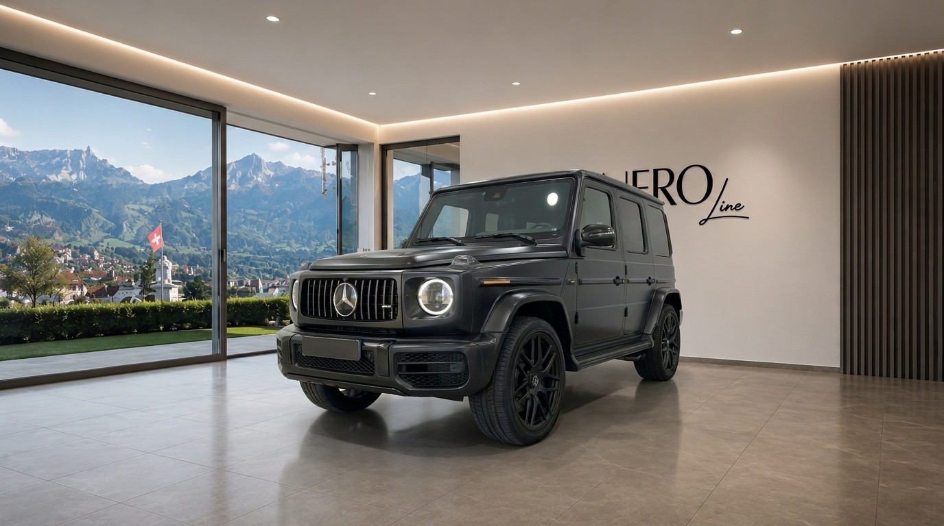 Mercedes G63 – Schwarz-Matt — Zurich showroom Matte black Mercedes G63 – Schwarz-Matt performance SUV displayed in a modern Zurich showroom with a stunning mountain view.