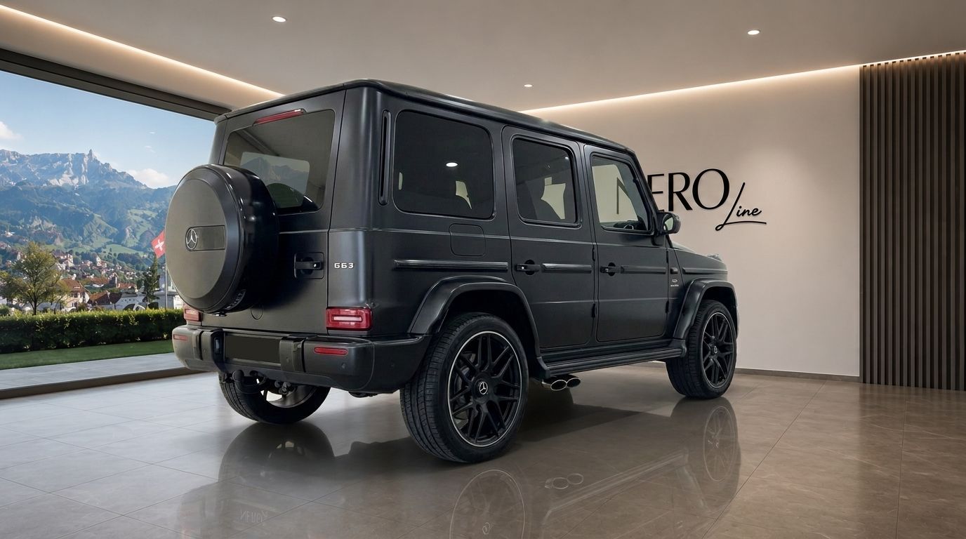 A matte black Mercedes G63 is showcased from a rear three-quarter angle in a Zurich showroom, with mountains visible outside.