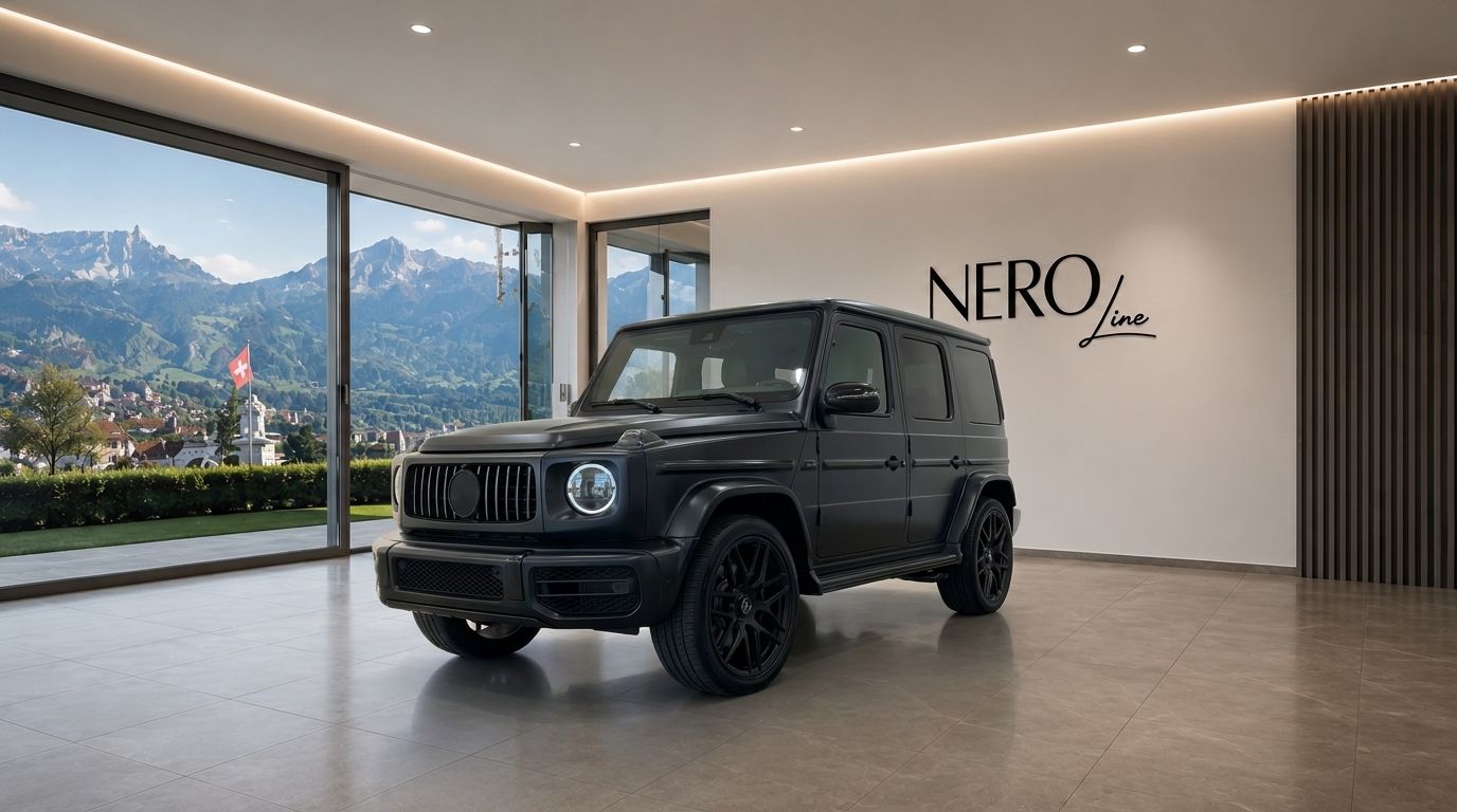 The matte black Mercedes G63 – Schwarz-Matt is showcased in a modern showroom with a stunning mountain view of Zurich.