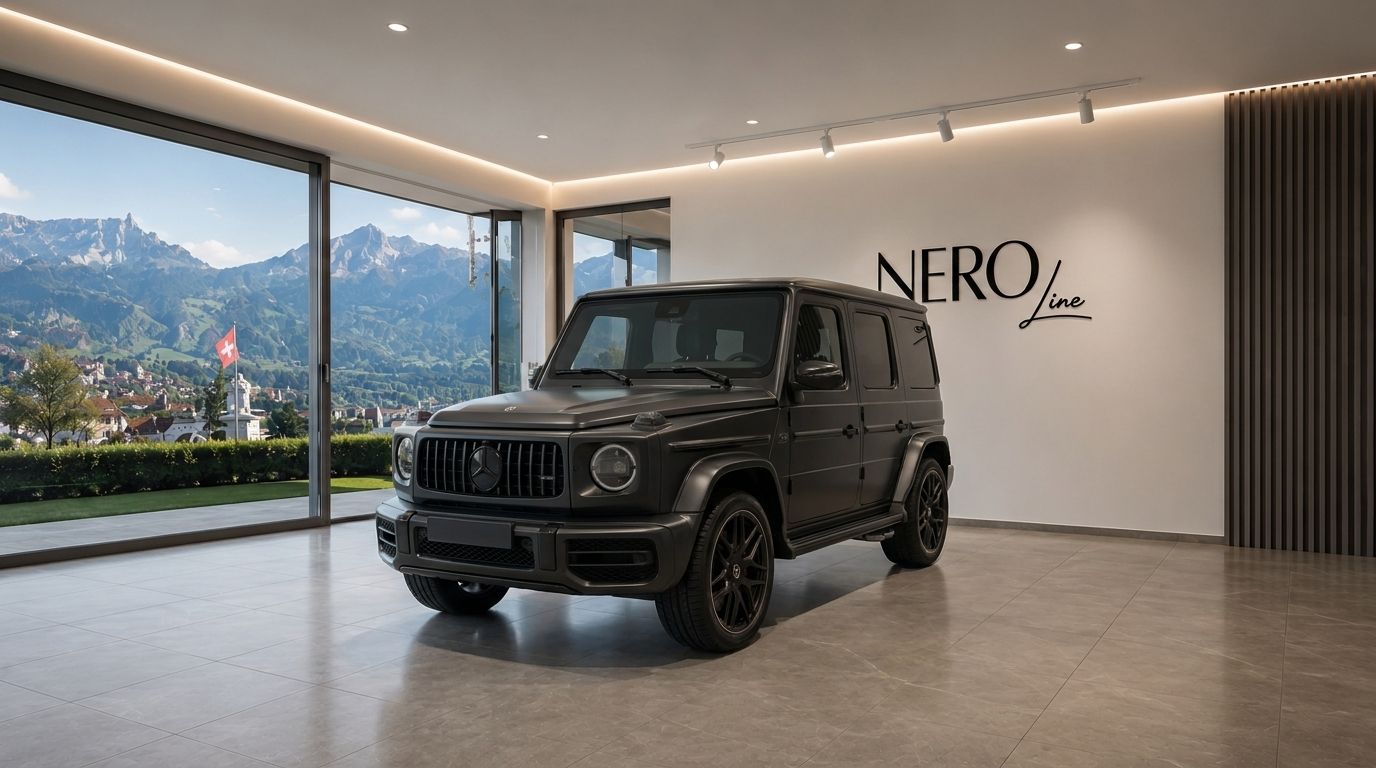 The matte black Mercedes G63 SUV is parked in a modern showroom, with a large window overlooking the scenic mountains and town of Zurich.