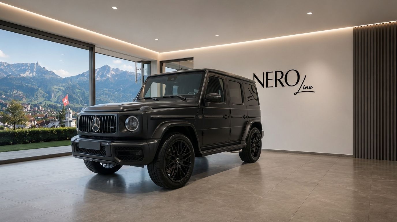 A matte black Mercedes G63 is parked indoors, showcasing its front three-quarter view with a stunning mountain landscape visible through large windows in Zurich.
