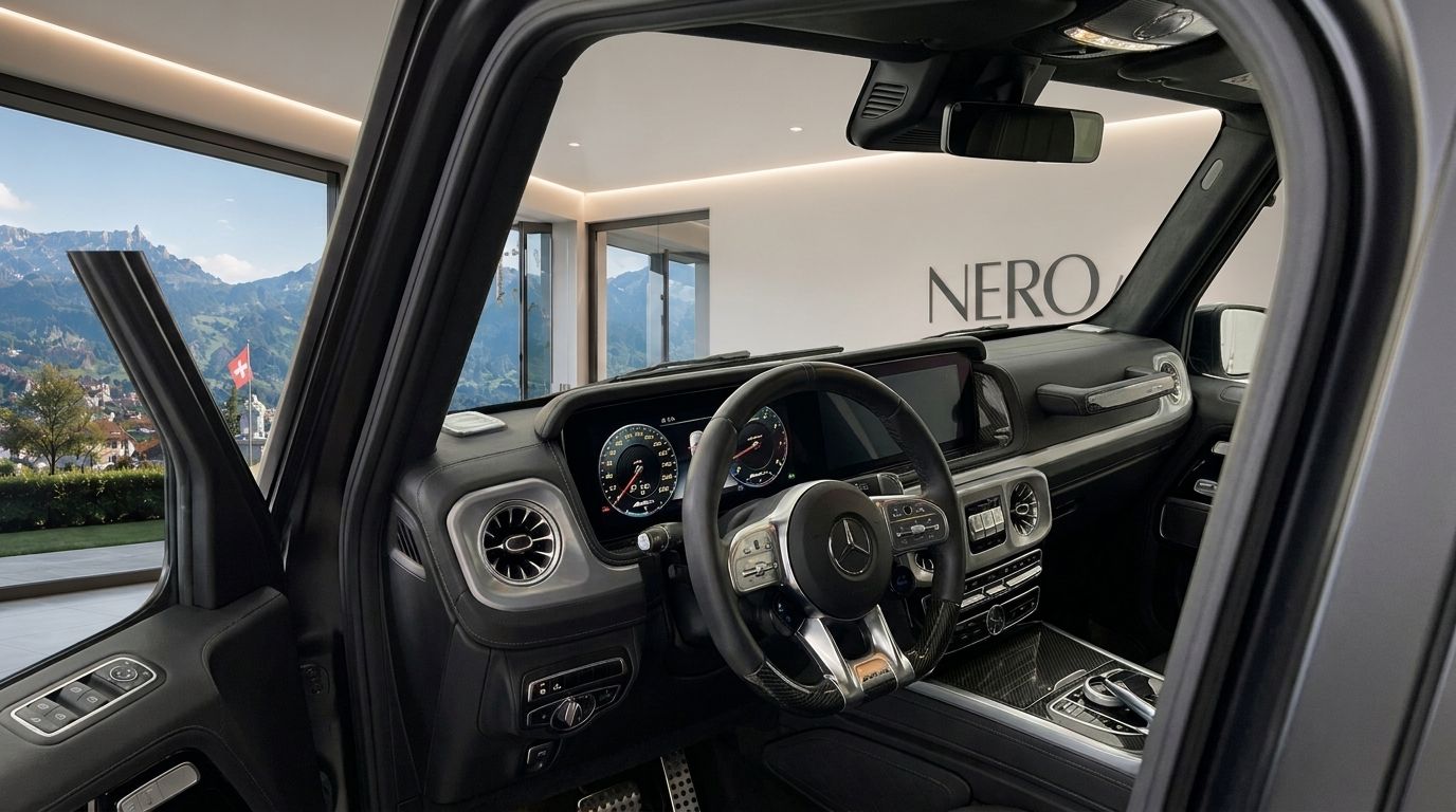 The luxurious interior of the Mercedes G63 Schwarz-Matt, featuring its steering wheel and dashboard, with a scenic view of Zurich mountains and a Swiss flag outside.