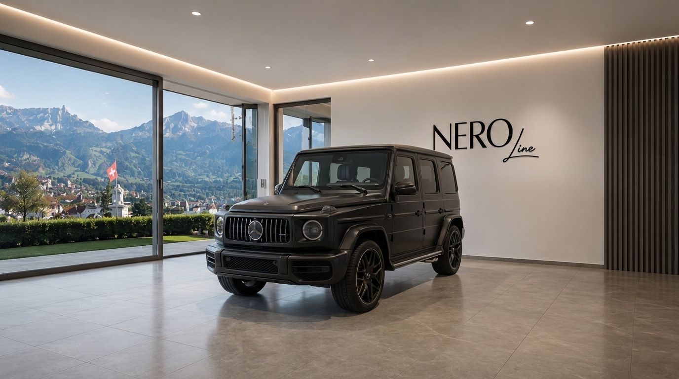 The matte black Mercedes-AMG G63 is parked in a modern Zurich showroom, with large windows revealing a stunning mountain landscape.