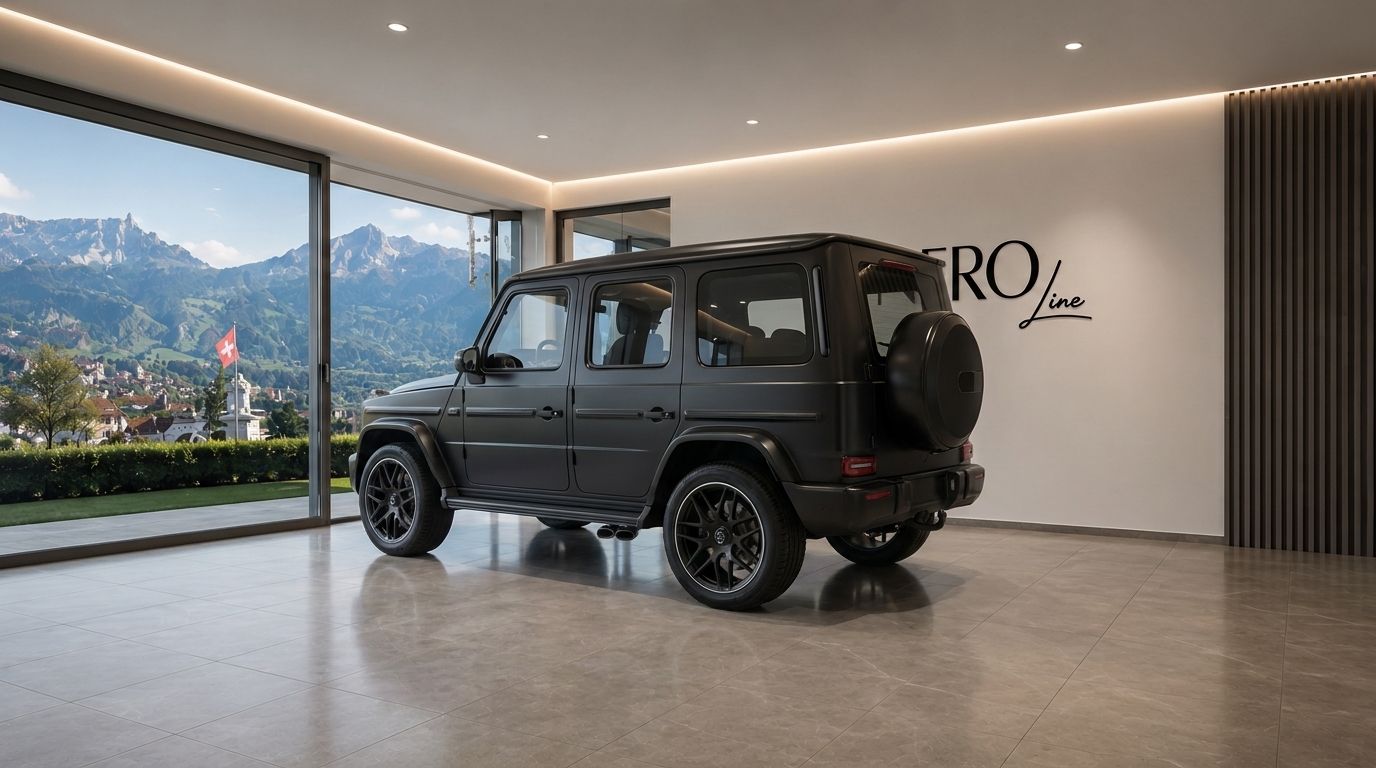 The matte black Mercedes G63 – Schwarz-Matt is shown from its rear three-quarter angle in an indoor setting, with a panoramic view of the Zurich mountains.