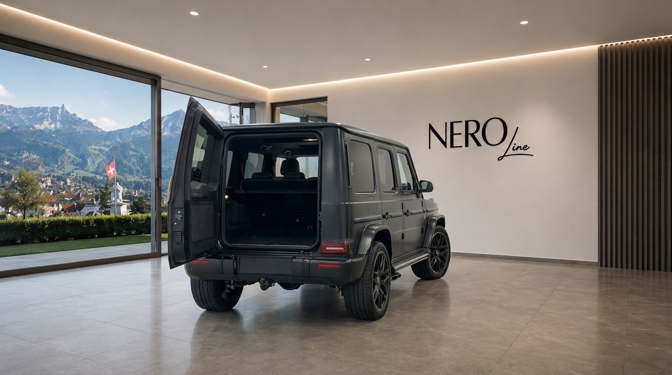 The matte black Mercedes G63 – Schwarz-Matt is parked indoors in Zurich, showcasing its open rear trunk and a stunning mountain view outside.