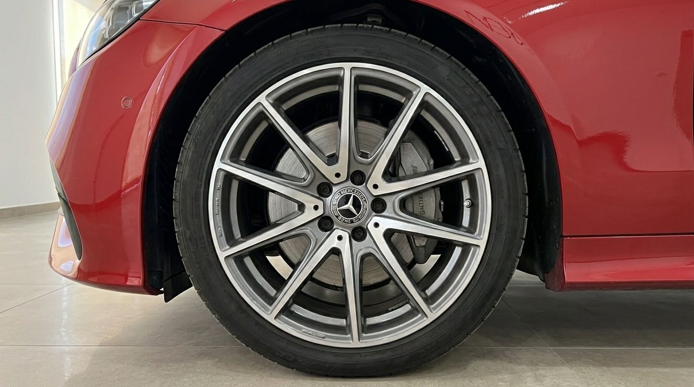 The front wheel with multi-spoke alloy rim and red bodywork of the Mercedes-Benz E300 Cabrio in Alicante.