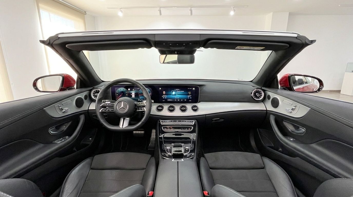 The luxurious interior of the Mercedes-Benz E300 Cabrio in Alicante, showcasing the dashboard, steering wheel, and front seats.