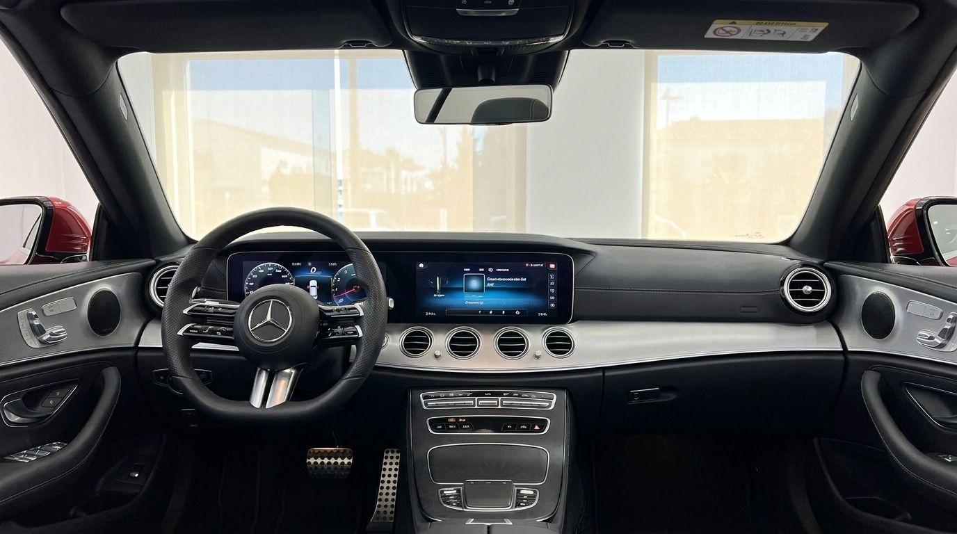 The luxurious black and silver interior dashboard and steering wheel of the Mercedes-Benz E300 Cabrio in Alicante.
